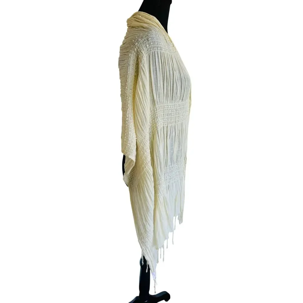 Ivory Crinkle Smocked Shawl Wrap | Fringed Textured Scarf